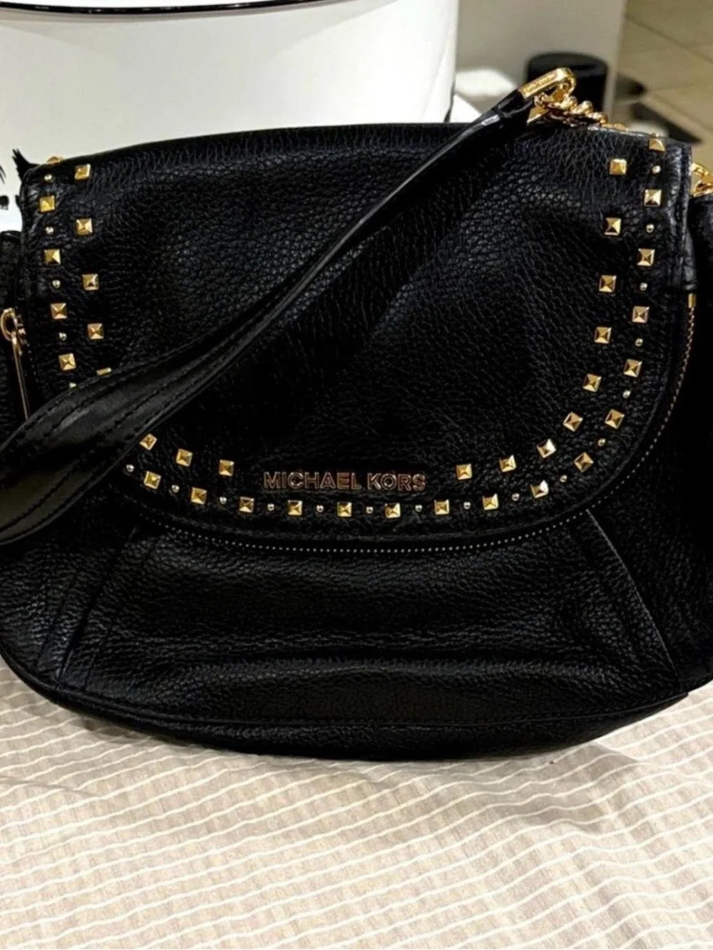 Michael Kors Aria Black Leather Studded Shoulder Bag with Gold Hardware
